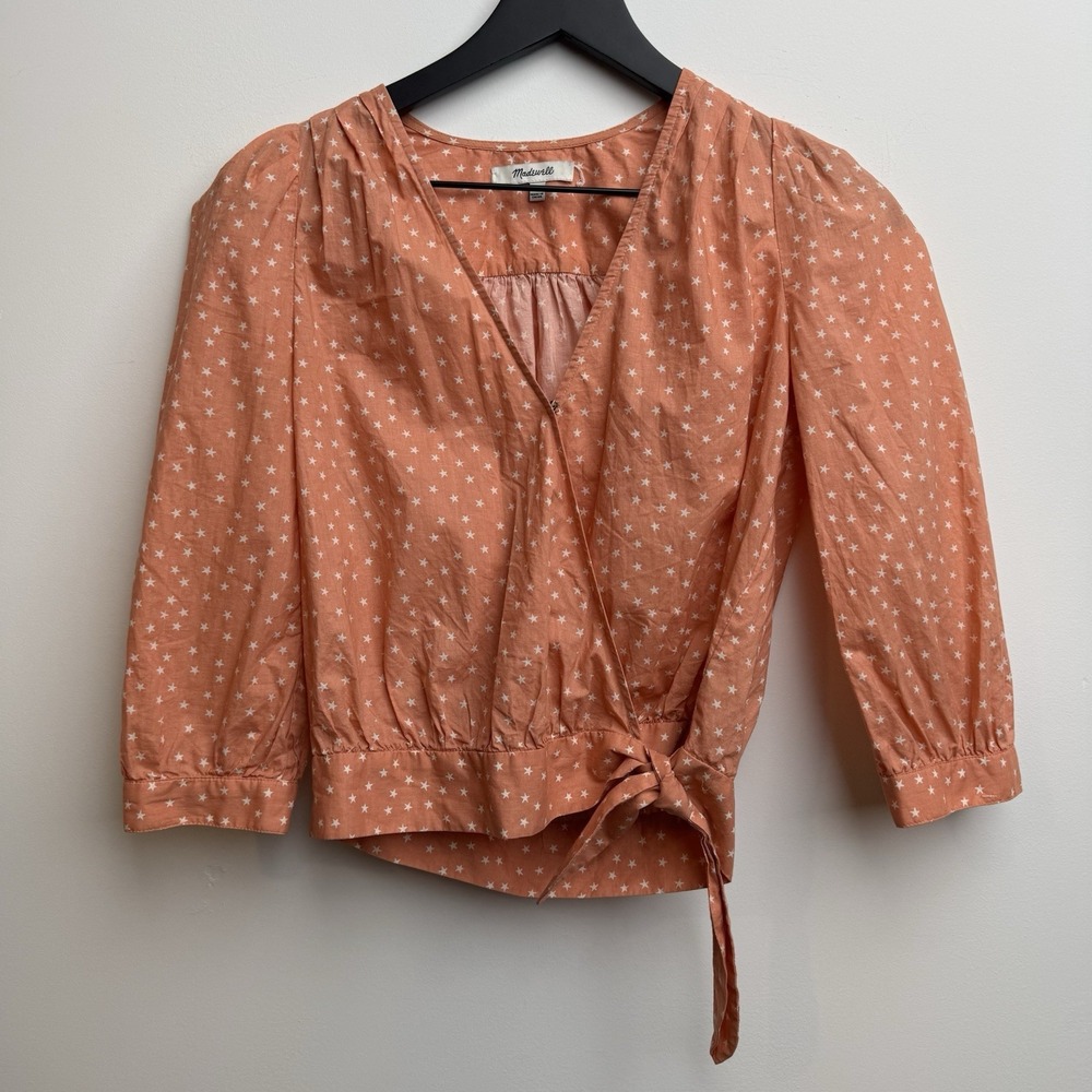Madewell Cropped Boxy Long Sleeve XXS Cotton ButtonUp Shirt Coral Stars Women's